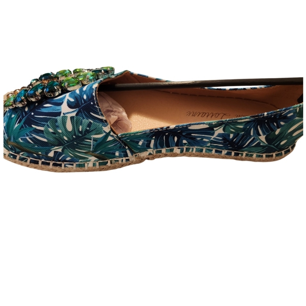 NIB Lauren Lorraine Tropical Green Rhinestone Embellished Espadrille Loafers 9.5 - Picture 5 of 10
